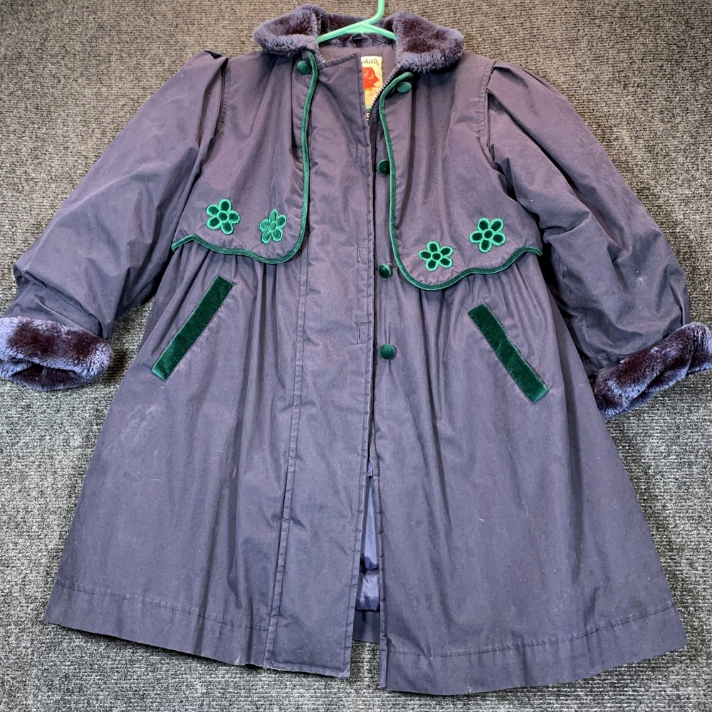 Vtg Rothschild Floral Embroidered Coat 6 Navy Velvet Trim Church Puffer Cottage